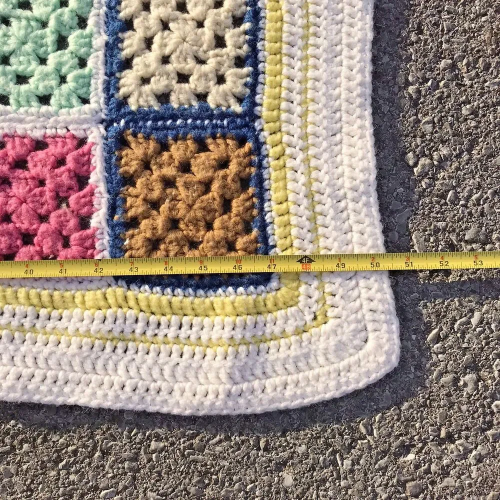 Vintage Granny Square Crochet Knit Afghan Throw Blanket Multicolor Border 4x4 ft - Picture 8 of 11